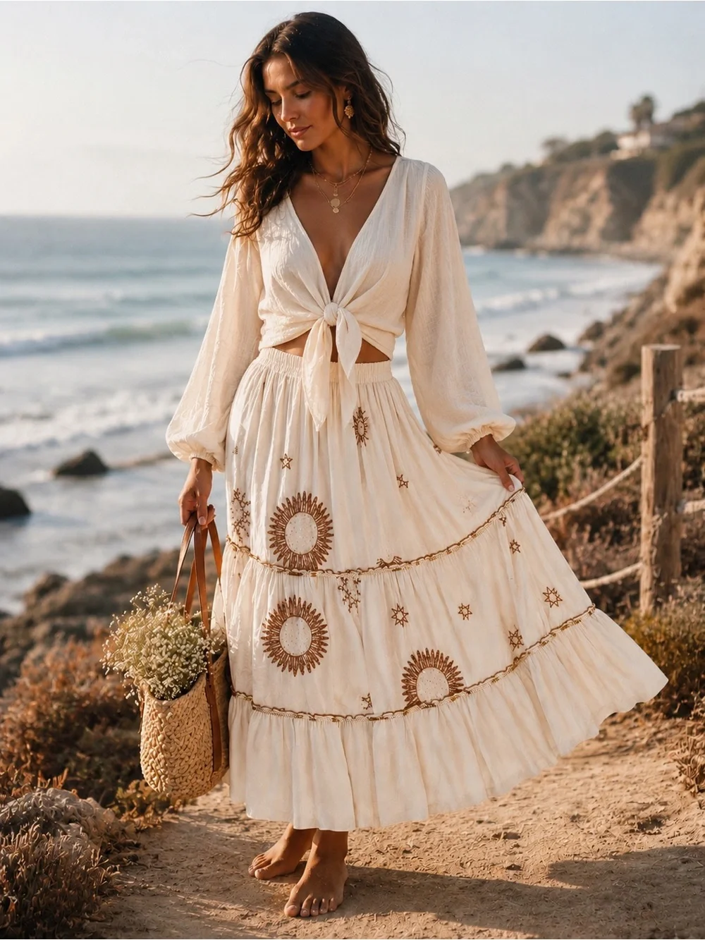 Zara Cream Boho Celestial Maxi Skirt - Picture 2 of 16